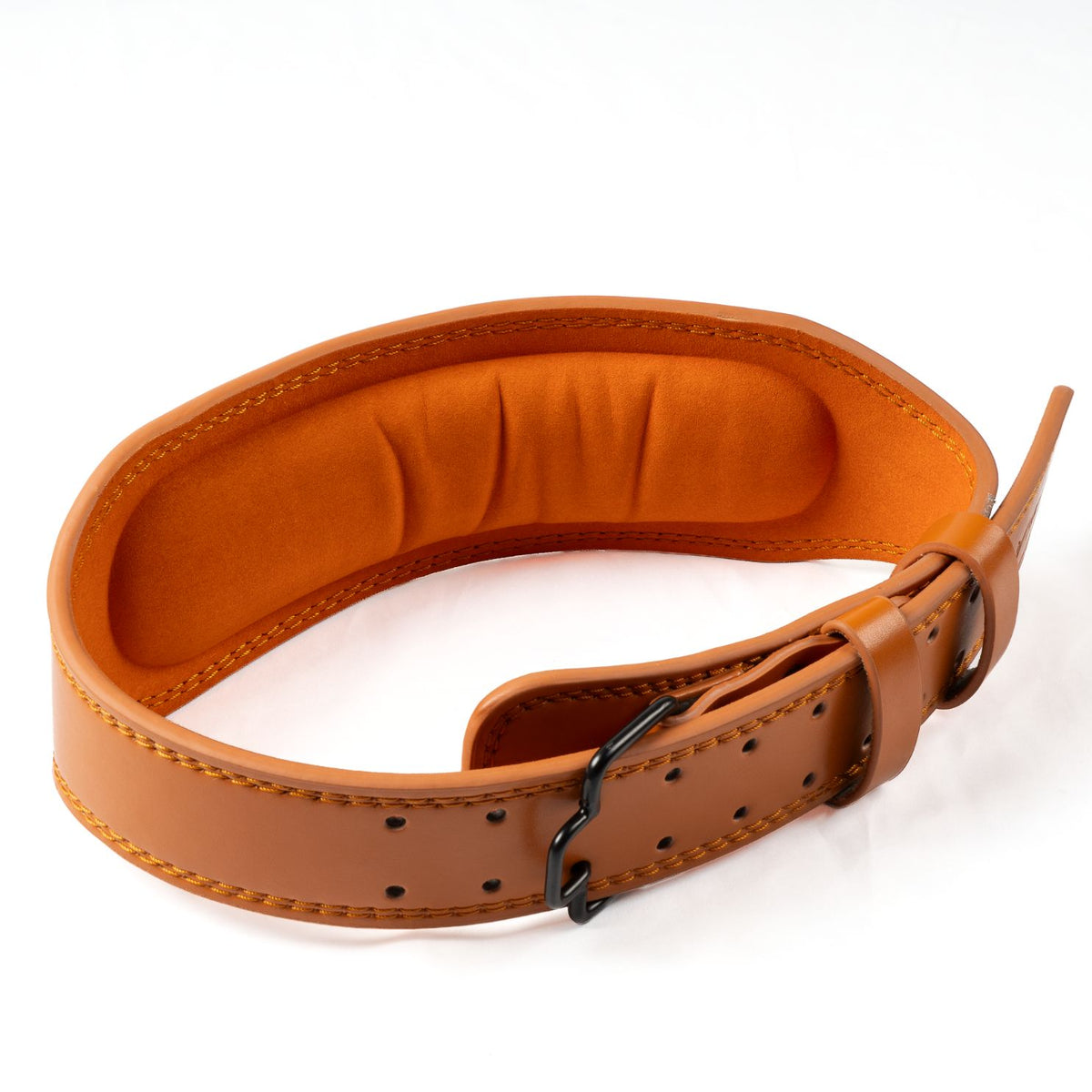 Leather weightlifting belt by PRO WOLF showing sturdy black leather with metal buckle for support during heavy lifts.