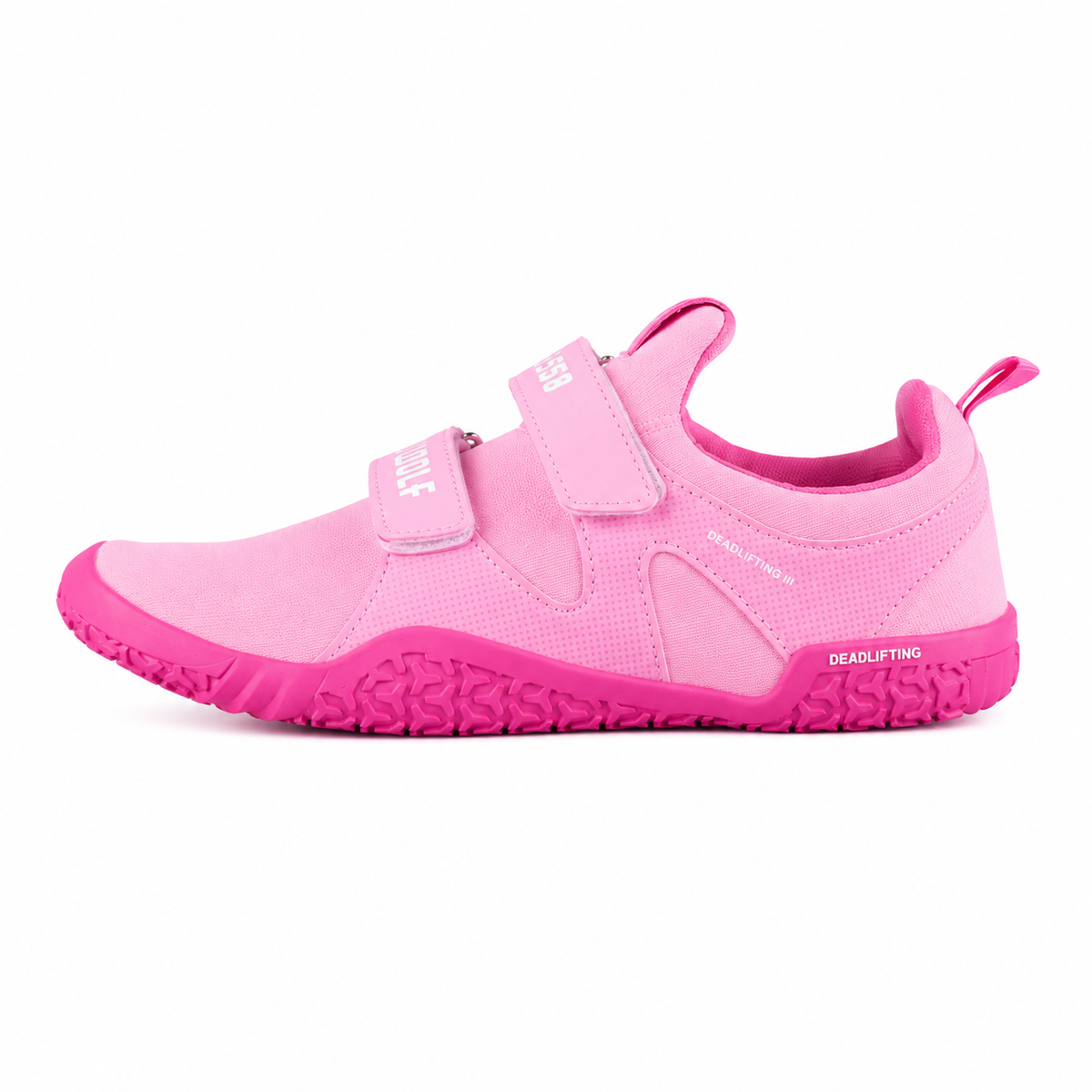 Pink PRO WOLF DLx550 Deadlift Barefoot Gym Shoes for lifting, featuring a sleek design and supportive sole for weight training.