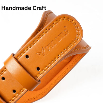 PRO WOLF weightlifting leather belt with sturdy buckle and reinforced stitching, designed for support during heavy lifts.