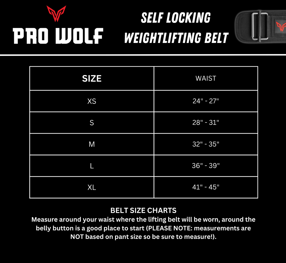 Pro Wolf weight lifting belt Size chart