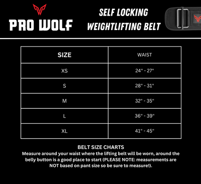 Pro Wolf weight lifting belt Size chart