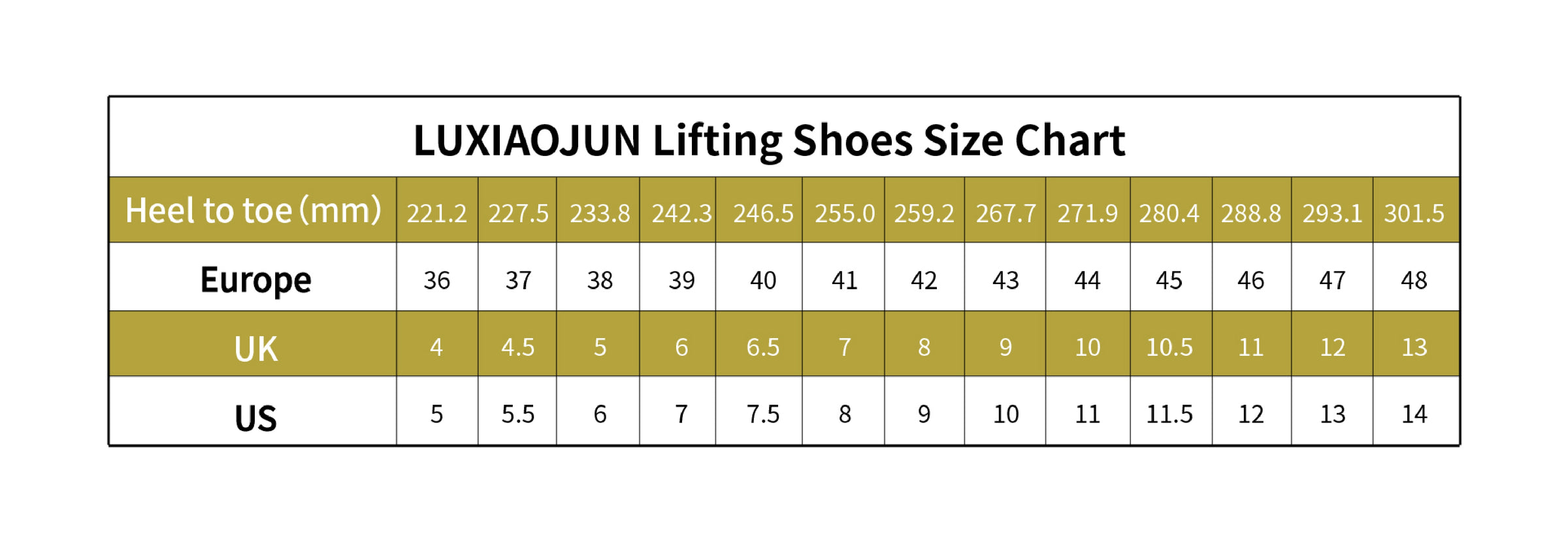 Luxiaojun Weightlifting Shoes size chart