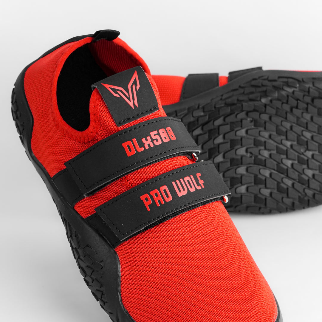 red and black combination deadlift shoes