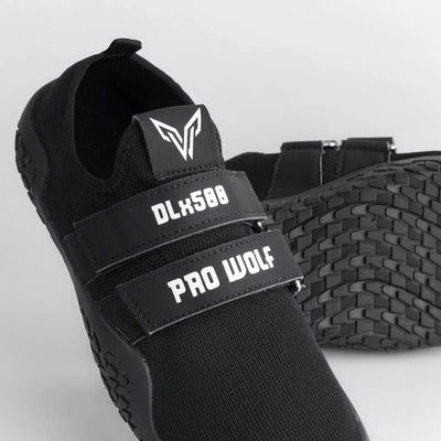 Black DLx500 Deadlift Barefoot Gym Shoes by ProWolf, designed for lifting and weight training, with a minimalist barefoot style.