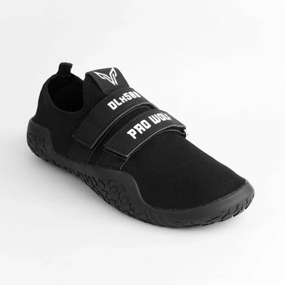 Black DLx500 Deadlift Barefoot Gym Shoes by Pro Wolf, lifting shoes designed for weightlifting and deadlift exercises.