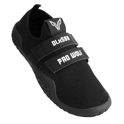 Pro Wolf DLx500 Deadlift Barefoot Gym Shoes in black, lifting shoes designed for stability and performance during weightlifting.