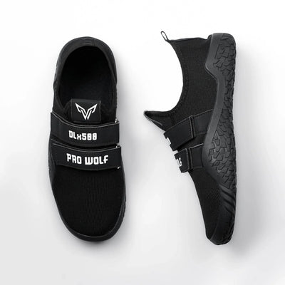 Black DLx500 Deadlift Barefoot Gym Shoes by Pro Wolf, lifting shoes designed for stability and grip during weightlifting.