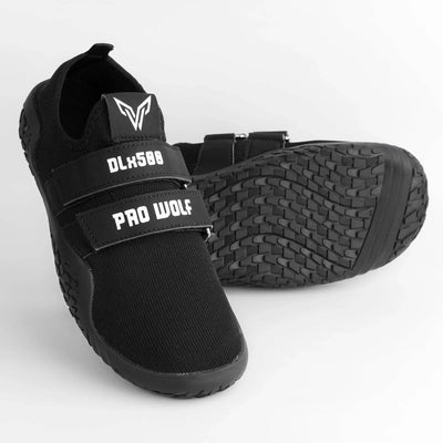 Black DLx500 Deadlift Barefoot Gym Shoes by Pro Wolf, lightweight lifting shoes designed for optimal support during weightlifting.